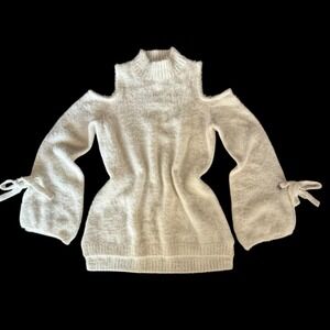 Pink Rose Fuzzy Cold Shoulder Sweater Small White Soft Stretch Bow Accent Flirty